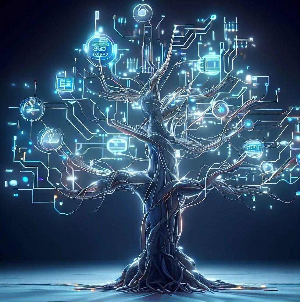 Abstract illustration of a cybernetic tree merging natural roots with neon circuits, representing innovation and AI-driven knowledge systems.