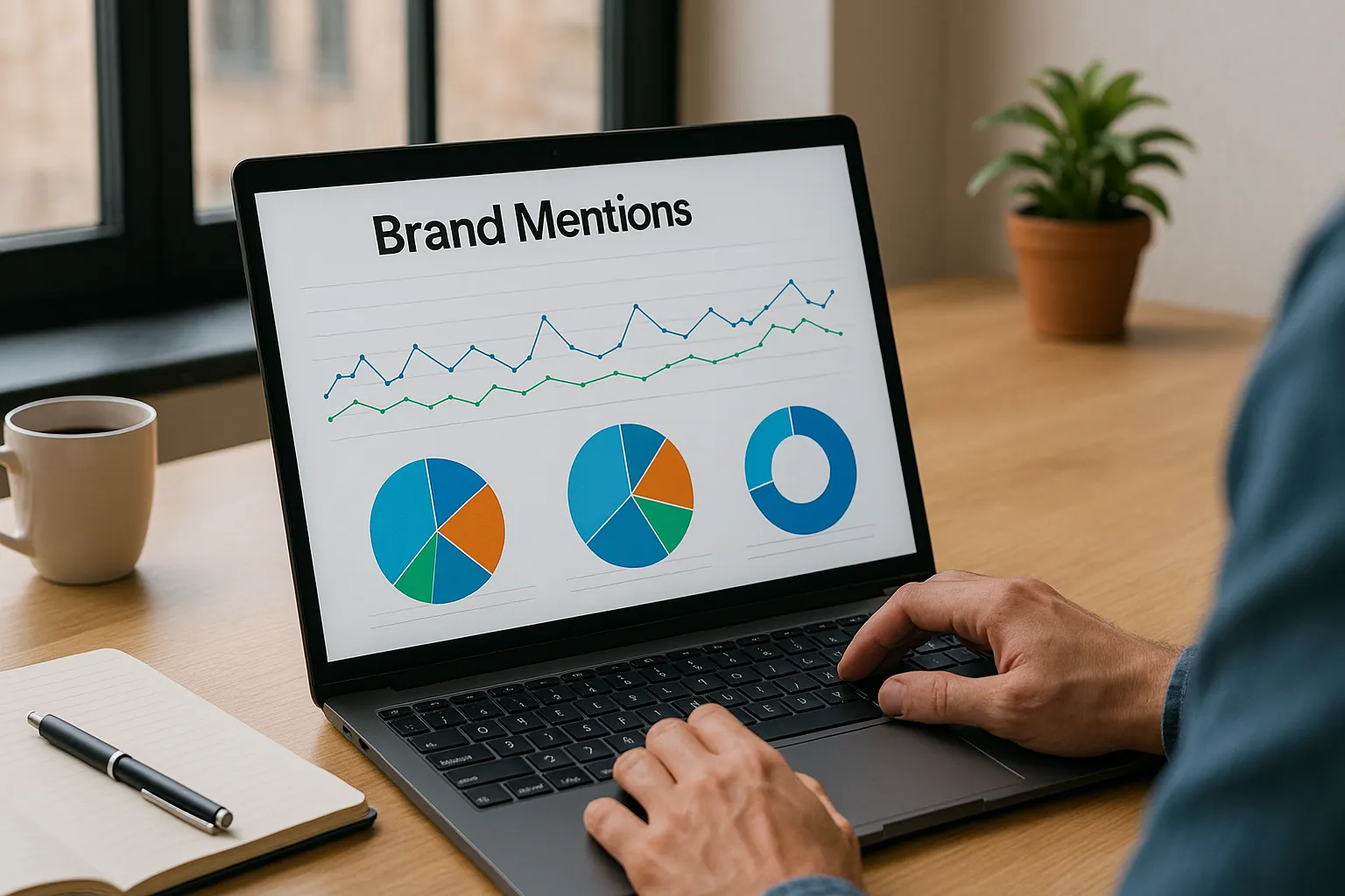 Realistic wide photo of a person analyzing brand mentions on a laptop screen displaying colorful graphs and charts, with a notebook, pen, coffee cup, and plant on a wooden desk.