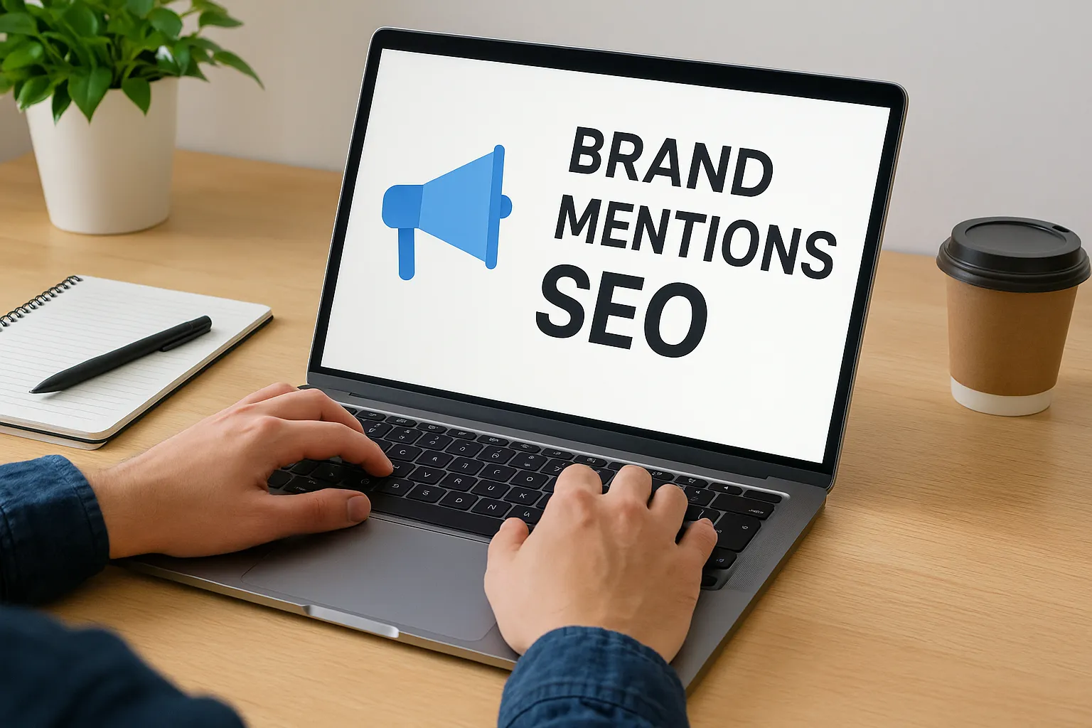 Realistic wide photo of a person working on a laptop at a clean desk with a notebook, pen, coffee cup, and plant, symbolizing brand mentions in SEO strategy.