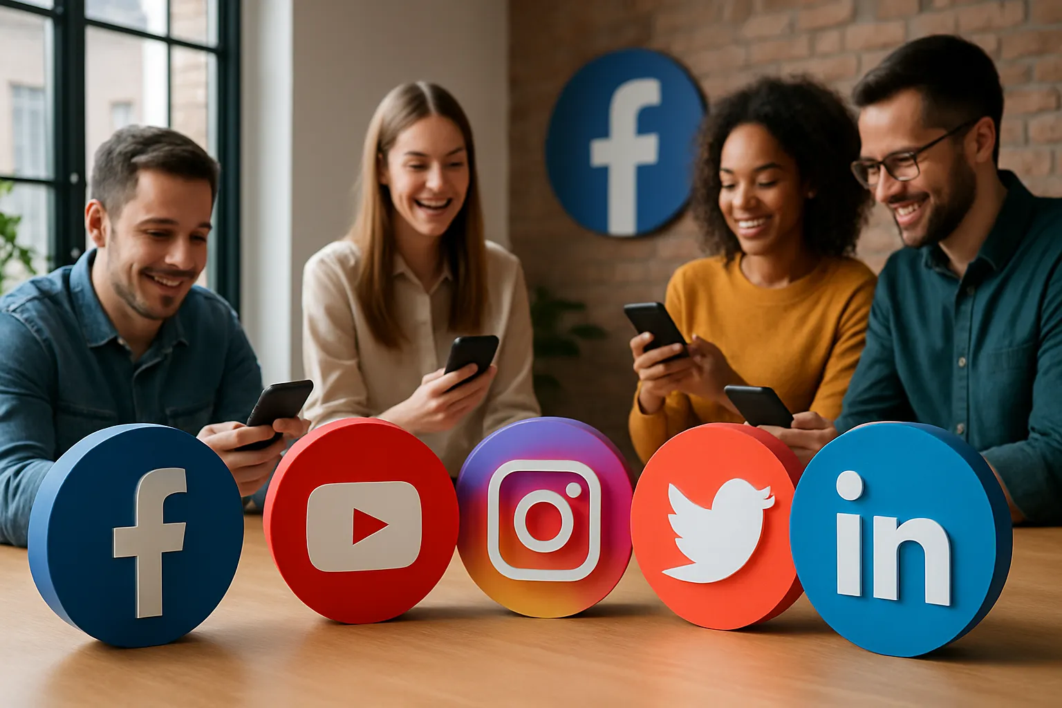 Realistic wide photo of four young adults sitting at a desk with 3D icons of Facebook, YouTube, Instagram, Twitter, and LinkedIn in front of them, symbolizing major social media platforms.