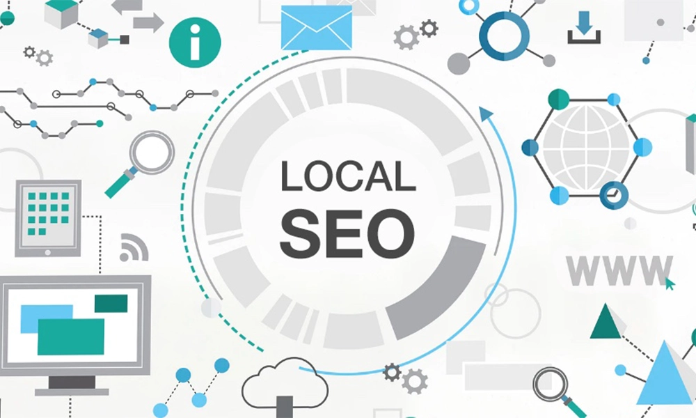 Illustration of Local SEO concepts with icons like magnifying glass, charts, and digital elements surrounding the term 'Local SEO'