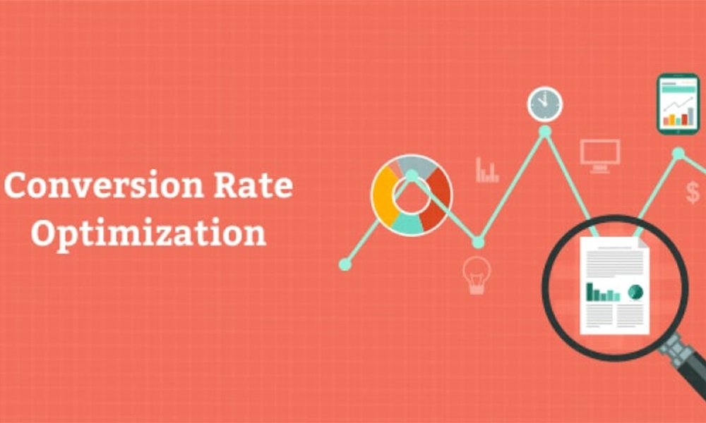 Illustration of conversion rate optimization process with analytics, charts, and performance metrics on red background