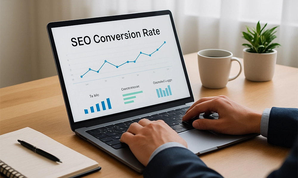 Business hand holding conversion rate card over bar chart showing website performance and sales improvement