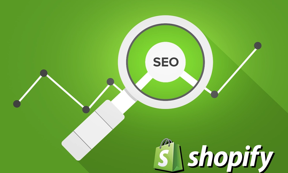 "Magnifying glass highlighting the word 'SEO' with an upward growth graph and Shopify logo on a green background, symbolizing SEO success for Shopify stores."