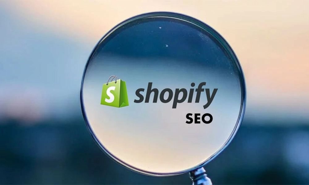 Magnifying glass focusing on the Shopify logo with 'SEO' text, representing the importance of SEO for improving Shopify store visibility and search rankings.