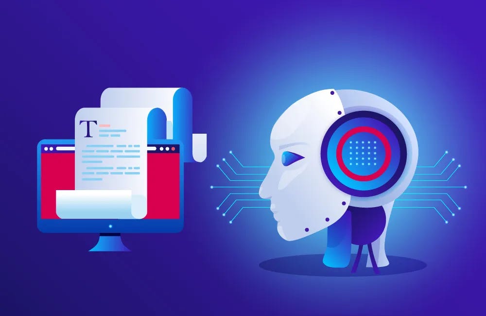 Concept illustration of artificial intelligence generating written content; a robotic head faces a computer monitor printing text from a browser, with a blue and purple gradient background.