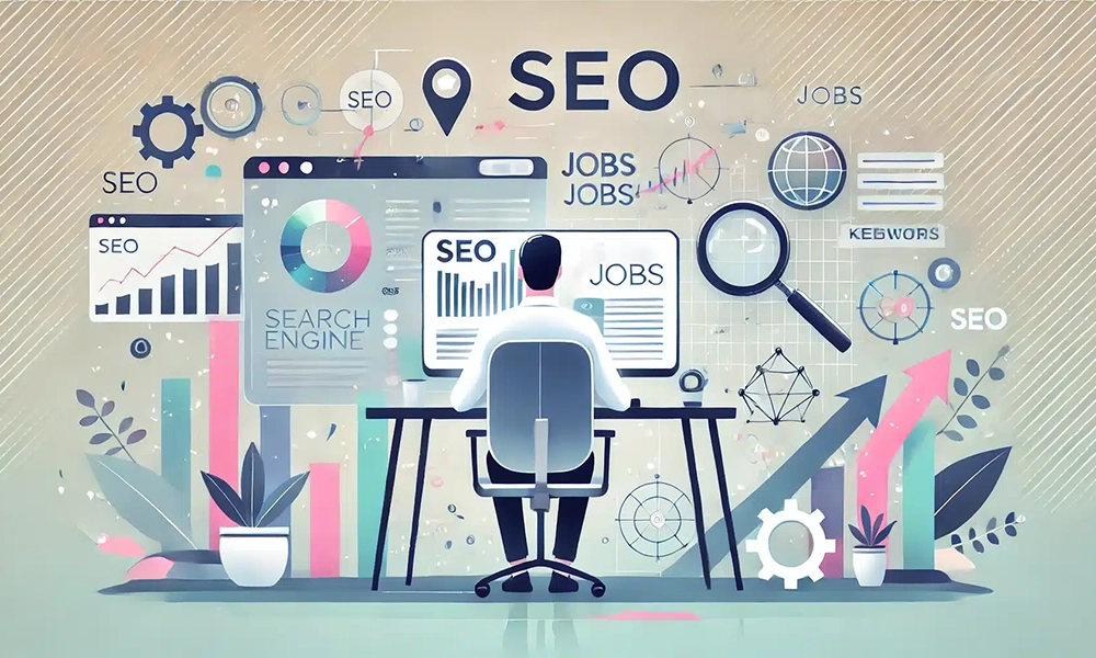 An illustrated scene of a man sitting at a desk working on multiple monitors showing SEO tools, charts, graphs, search engine icons, and keywords, surrounded by various digital marketing elements.