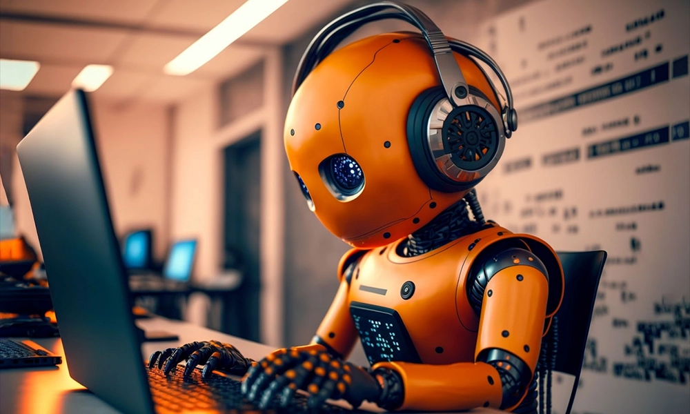 An orange robot wearing headphones typing on a laptop in a modern office environment, representing an AI assistant or content generator at work.
