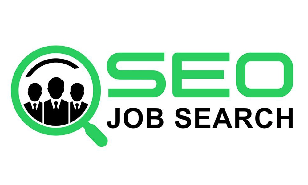 A logo with the text “SEO Job Search,” where the letter O in “SEO” is designed as a green magnifying glass containing three businessperson icons.