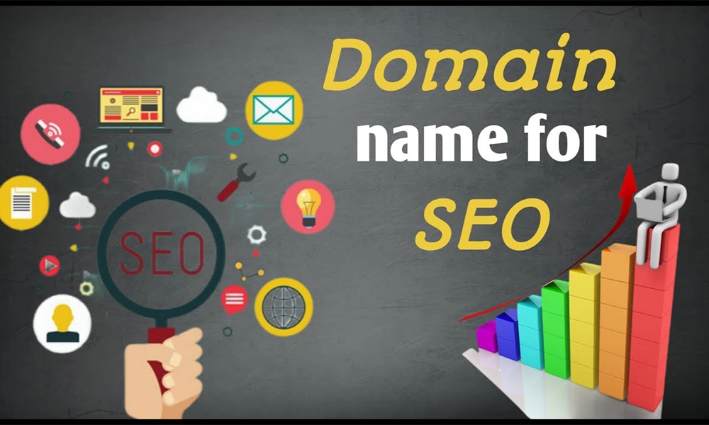A graphic showing various digital icons surrounding a magnifying glass with the text 'Domain Name for SEO', highlighting the importance of domain names in improving SEO rankings.