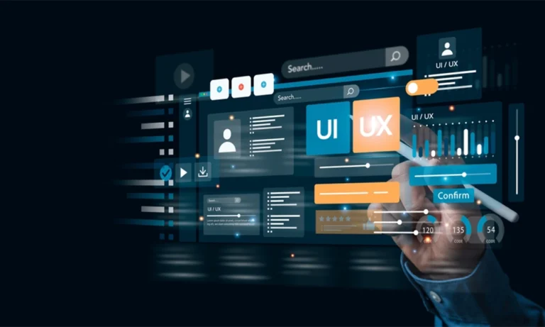 A futuristic user interface with various UX and UI elements, showcasing the dynamic interaction between UI/UX design and SEO metrics in a digital environment.